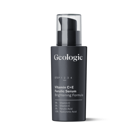 Geologic Vitamin C+E Ferulic Serum bottle on a green background.