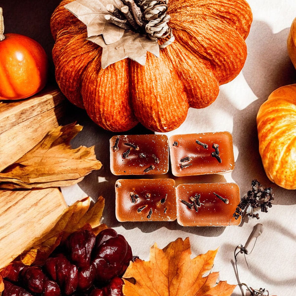 Spicy and Sweet Fall Clove XL wax melts on a white surface with pumpkins and decorative fall elements.